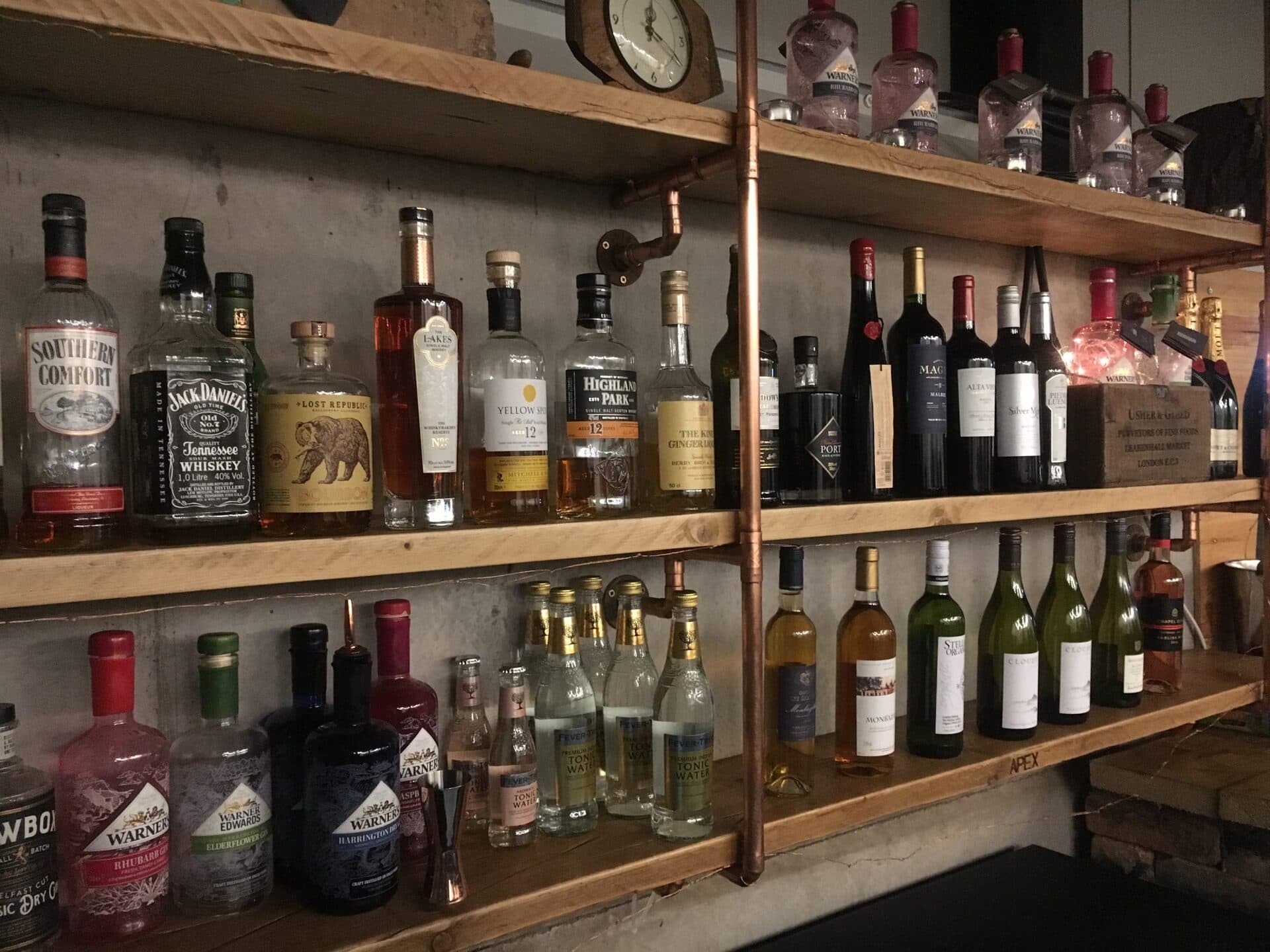 Bar bottles display at Duston Mill